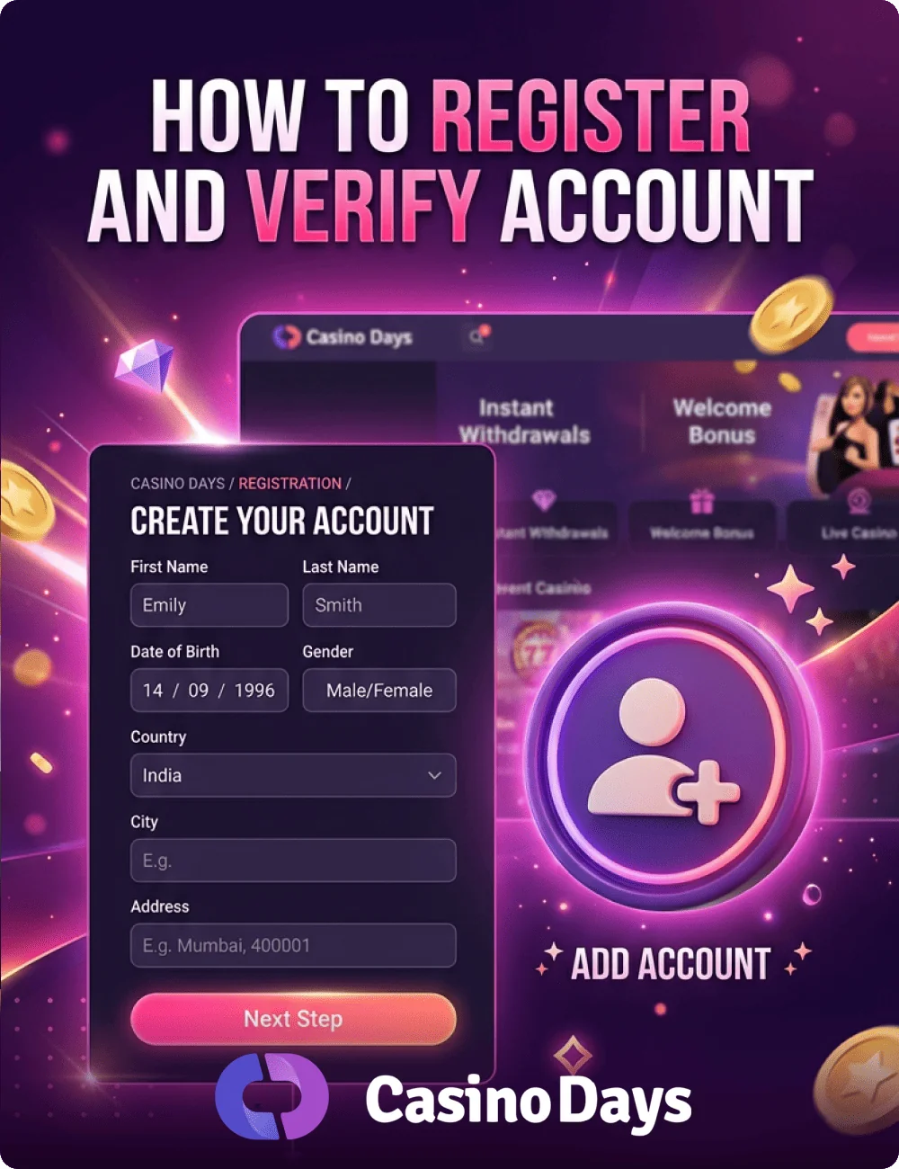 Casino Days India registration form for creating a new player account